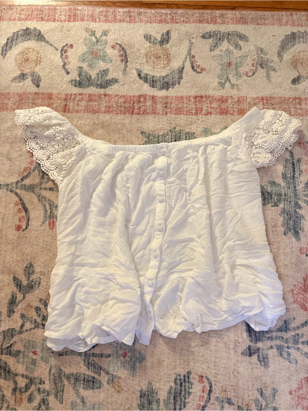 RIPCURL White Off-Shoulder Crochet Sleeve Button-Front Top
